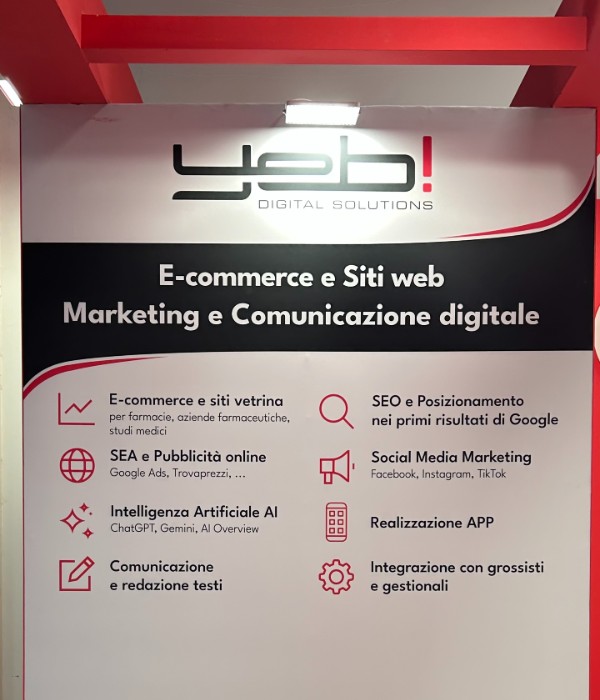 Parete bianca dello stand di Yeb! a Cosmofarma 2026